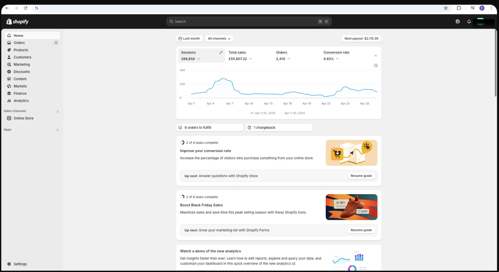 Store dashboard showing £55,807.22 total sales