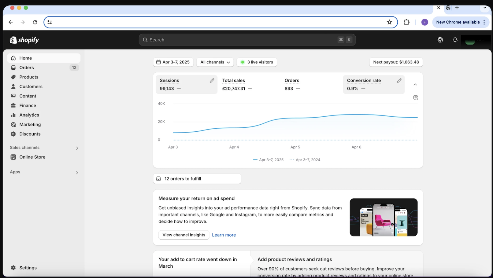 Store dashboard showing £20,747.31 total sales